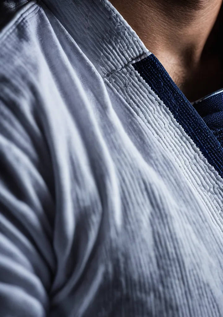 A white jiu-jitsu gi collar and a worn blue belt